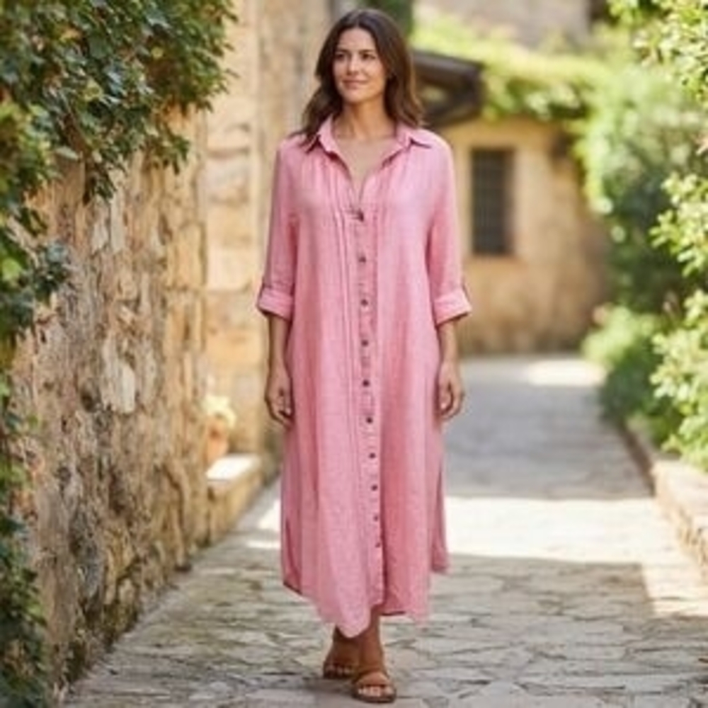 NWT CALYSPO ST BARTH Pink Button-Front Linen Blend Pockets Shirt Dress Sz Large